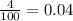 \frac{4}{100} = 0.04