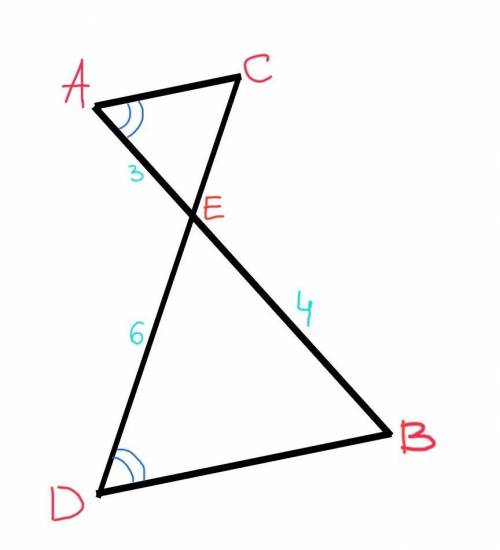 Отрезки AB и CD пересекаются в точке Е, Угол CAE = углу BDE. Найдите CE,если ЕВ=4см, АЕ=3см и ED=6cм