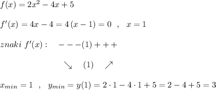 f(x)=2x^2-4x+5\\\\f'(x)=4x-4=4\, (x-1)=0\ \ ,\ \ x=1\\\\znaki\ f'(x):\ \ \ ---(1)+++\\\\{}\qquad \qquad \qquad \quad \ \searrow \ \ \ (1)\ \ \ \nearrow \\\\x_{min}=1\ \ ,\ \ y_{min}=y(1)=2\cdot 1-4\cdot 1+5=2-4+5=3