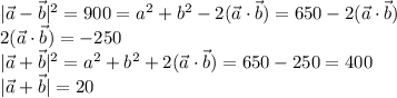 |\vec{a}-\vec{b}|^2 = 900 = a^2+b^2-2(\vec{a}\cdot\vec{b}) = 650 - 2(\vec{a}\cdot\vec{b})\\2(\vec{a}\cdot\vec{b}) = -250\\|\vec{a}+\vec{b}|^2 = a^2+b^2+2(\vec{a}\cdot\vec{b}) = 650-250 = 400\\|\vec{a}+\vec{b}| =20