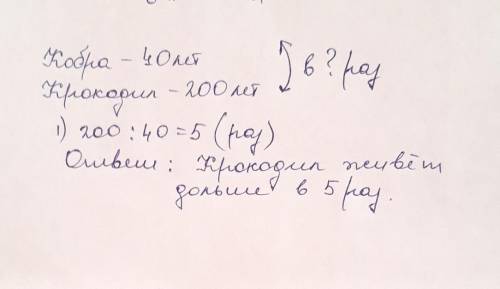 14. Кобра живет 40 лет, а крокодил - 200 лет. Как записать во сколько раз крокодил живет дольше кобр