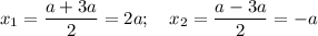 x_1=\dfrac{a+3a}{2}=2a;~~~ x_2=\dfrac{a-3a}{2}=-a