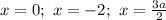 x=0; \ x=-2; \ x=\frac{3a}{2}