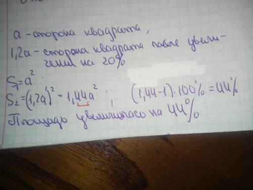 Сторону квадрата увеличили на 20% на сколько % увеличилась площадь квадрата ​