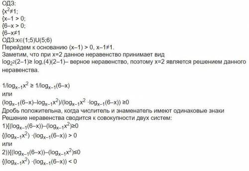 Алгебра 10 класс. logx^2(x–1) ≥ log6–x(x–1)