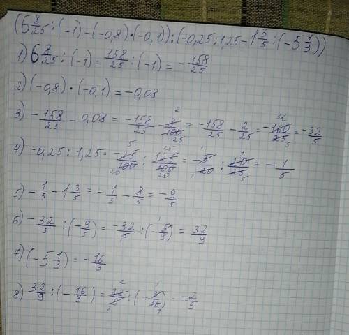 (6 8/25:(-1)-(-0,8)×(-0,1)):(-0,25:1,25-1 3/5:(-5 1/3)) решить по действиям