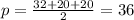 p = \frac{32 + 20 + 20}{2} = 36