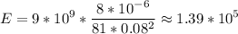 \displaystyle E=9*10^9*\frac{8*10^{-6}}{81*0.08^2}\approx1.39*10^5