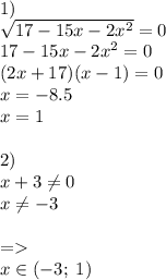 1)\\\sqrt{17-15x-2x^2}=0\\17-15x-2x^2=0\\(2x+17)(x-1)=0\\x=-8.5\\x=1\\\\2)\\x+3\ne0\\x\ne-3\\\\=\\x\in(-3;\;1)