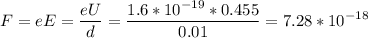 \displaystyle F=eE=\frac{eU}{d}=\frac{1.6*10^{-19}*0.455}{0.01}=7.28*10^{-18}