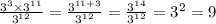 \frac{ {3}^{3} \times {3}^{11} }{ {3}^{12} } = \frac{ {3}^{11 + 3} }{ {3}^{12} } = \frac{ {3}^{14} }{ {3}^{12} } = {3}^{2} = 9