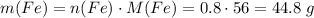 m(Fe) = n(Fe) \cdot M(Fe) = 0.8 \cdot 56 = 44.8\;g