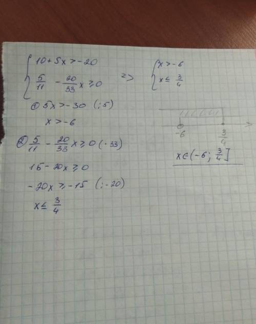 Решите систему неравенст {10+5x>-20 5/11-20/33x>_ 0 там это этот знака у иеня сори >_