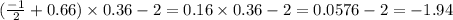 ( \frac{ - 1}{2} + 0.66 ) \times 0.36 - 2 = 0.16 \times 0.36 - 2 = 0.0576 - 2 = - 1.94