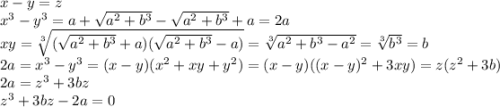 x-y = z\\x^3-y^3 = a+\sqrt{a^2+b^3} - \sqrt{a^2+b^3}+a = 2a\\xy = \sqrt[3]{( \sqrt{a^2+b^3}+a)(\sqrt{a^2+b^3}-a) } = \sqrt[3]{a^2+b^3-a^2} =\sqrt[3]{b^3} =b\\2a=x^3-y^3 =(x-y)(x^2+xy+y^2) =(x-y)((x-y)^2+3xy) =z(z^2+3b)\\2a=z^3+3bz\\z^3+3bz-2a=0