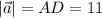 \displaystyle |\vec{a}|=AD=11