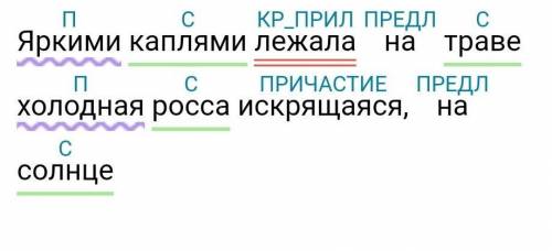 Сделать синтаксический разбор с характеристиками Яркими каплями лежала на траве холодная росса ,иск