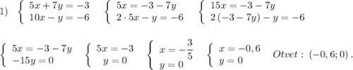 1)\ \ \left\{\begin{array}{l}5x+7y=-3\\10x-y=-6\end{array}\right\ \ \left\{\begin{array}{l}5x=-3-7y\\2\cdot 5x-y=-6\end{array}\right\ \ \left\{\begin{array}{l}15x=-3-7y\\2\, (-3-7y)-y=-6\end{array}\right\\\\\\\left\{\begin{array}{l}5x=-3-7y\\-15y=0\end{array}\right\ \ \left\{\begin{array}{ccc}5x=-3\\y=0\end{array}\right\ \ \left\{\begin{array}{l}x=-\dfrac{3}{5}\\y=0\end{array}\right\ \ \left\{\begin{array}{l}x=-0,6\\y=0\end{array}\right\ \ Otvet:\ (-0,6;0)\ .