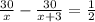 \frac{30}{x} - \frac{30}{x + 3} = \frac{1}{2}