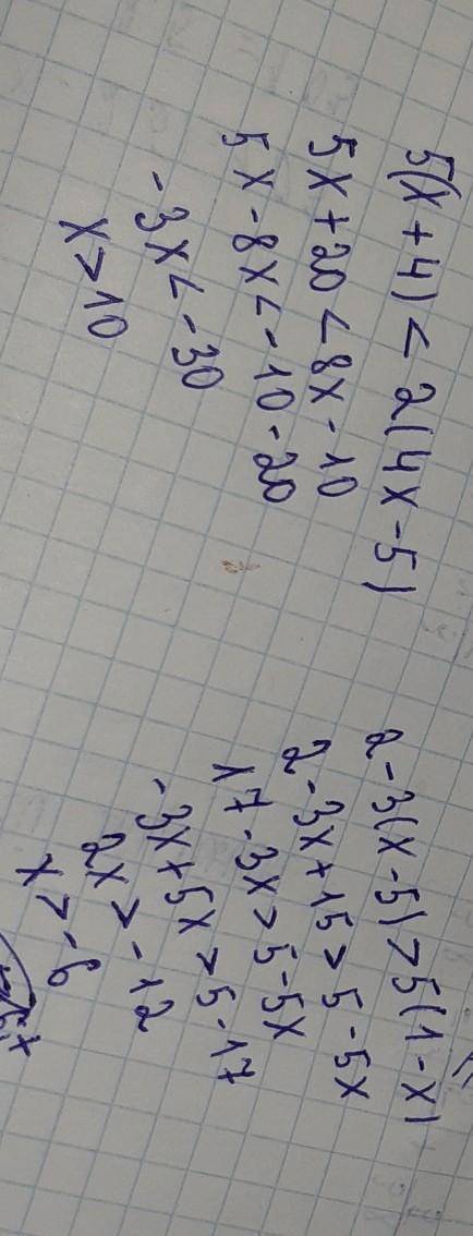 1) 5(x+4)<2(4x-5)2) 2-3(x-5)>5(1-x)​