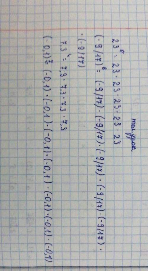 Данное выражение запишите в виде одинаковых множителей 23⁵=? (-9/17)⁶=?7,3⁴=?(-0,1)⁷​