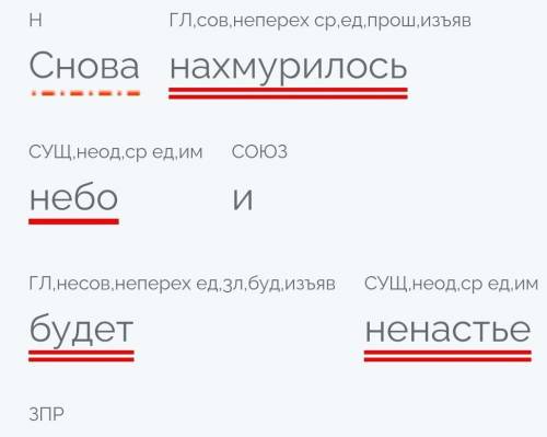 Синтаксический разбор предложения: 1) Снова нахмурилось небо и будет ненастье.