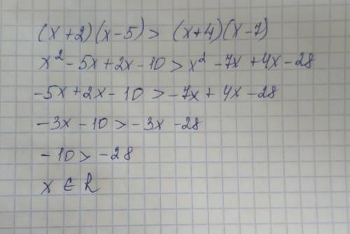 Докажите что (X+2)(x-5)>(x+4)(x-7)​