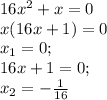 16x^2 +x =0\\x(16x+1)=0\\x_{1} =0;\\ 16x+1=0;\\x_{2}=-\frac{1}{16}