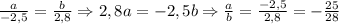 \frac{a}{-2,5}=\frac{b}{2,8} \Rightarrow 2,8a=-2,5b \Rightarrow \frac{a}{b}=\frac{-2,5}{2,8}=-\frac{25}{28}