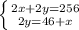 \left \{ {{2x+2y=256} \atop {2y=46+x}} \right.