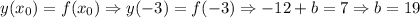 y(x_0)=f(x_0)\Rightarrow y(-3)=f(-3) \Rightarrow-12+b=7 \Rightarrow b=19