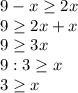 9-x\geq2x\\9\geq2x+x\\9\geq3x\\9:3\geq x\\3\geq x