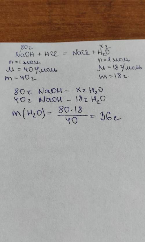 Вычислите массу воды, образовавшейся при действие 80г. гидроксида натрия на солёную кислоту решить)​