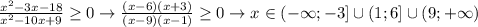 \frac{x^2-3x-18}{x^2-10x+9} \ge 0 \rightarrow \frac{(x-6)(x+3)}{(x-9)(x-1)} \ge 0 \rightarrow x \in (-\infty; -3] \cup (1; 6] \cup (9; +\infty)