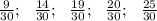 \frac{9}{30}; \ \ \frac{14}{30}; \ \ \frac{19}{30}; \ \ \frac{20}{30}; \ \ \frac{25}{30}