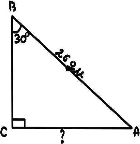В треугольнике АВС известно, что АВ=26дм,В=30°, С=90°.постройте чертеж и найдите АС​