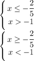 \displaystyle \left \{ {{x\leq -\dfrac{2}{5} } \atop {x-1}} \right. \\\left \{ {{x\geq-\dfrac{2}{5} } \atop {x