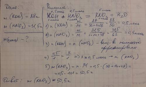 К раствору гидроксида калия массой 28г добавили 31,5г азотной кислоты. Найти массу полученной соли K
