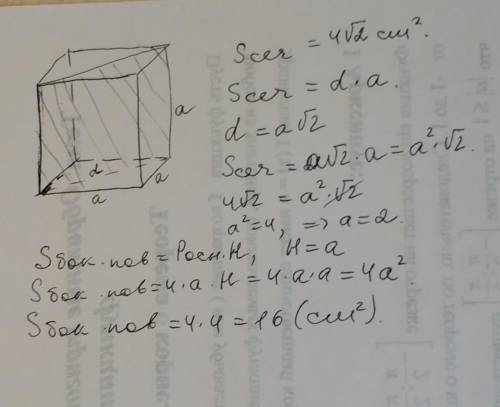 Площадь диагонального сечения куба равна 4 корней из двух см2. Найдите площадь боковой поверхности к