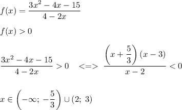 f(x)=\dfrac{3x^2-4x-15}{4-2x}\\\\f(x)0\\\\\dfrac{3x^2-4x-15}{4-2x}0\;\;\;\;\dfrac{\left(x+\dfrac{5}{3}\right)(x-3)}{x-2}