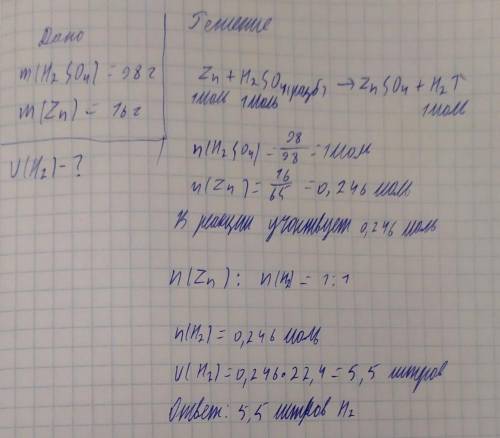 Смешали два раствора, содержащих соответственно 98г серной кислоты и 16г цинка. Найдите сколько литр