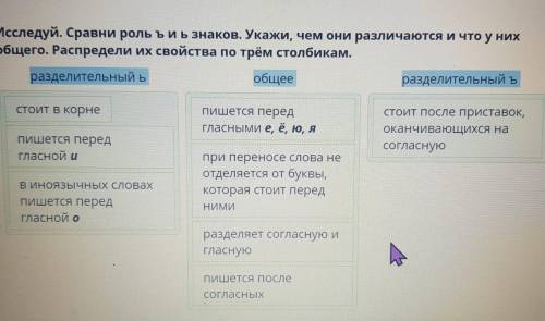 Исследуй сравни роль ъ и ь знаков . Укажи , чем они различаются и что у них общего . Распредели их с