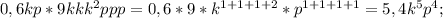 0,6kp*9kkk^{2}ppp=0,6*9*k^{1+1+1+2}*p^{1+1+1+1}=5,4k^{5}p^{4};