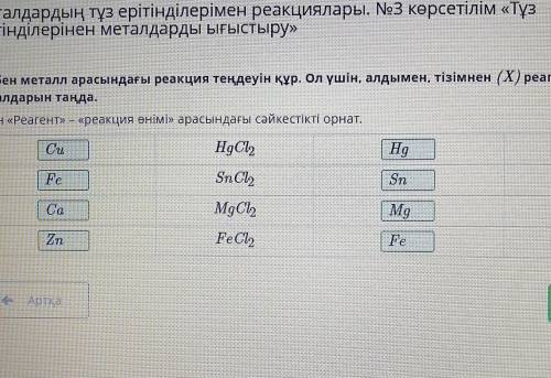 Тұз бен металл арасындағы реакция теңдеуін құр. Ол үшін, алдымен, тізімнен (X) реагент, (Y) өнім мет