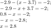 -2.9-(x-3.7)=-2;\\-2.9-x+3.7=-2;\\0.8-x=-2;\\-x=-2.8;\\x=2.8