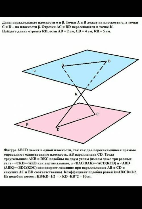 Плоскости α и β параллельны. Точки А и В принадлежат плоскости α, а точки С и D - плоскости β. Отрез