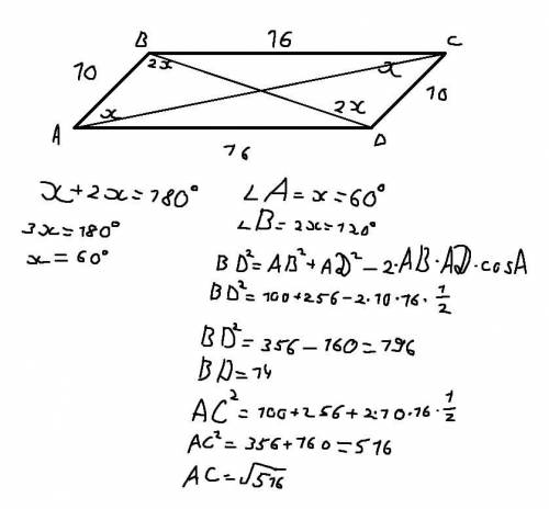 у паралелограмі знайдіть довжини діагоналей якщо сторони дорівнюють 10 см і 16 см а один із кутів па