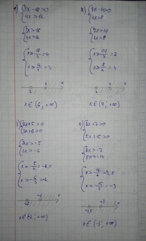 Решите систему неравенства. 1) (3x – 18 >0, 4x > 12;2) 7x - 14 >0,2x > 8;3) (2x + 5 >