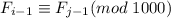 F_{i-1}\equiv F_{j-1}(mod\; 1000)