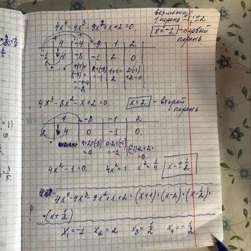 Решите уравнением с схемы горнера. 4x^4 -4x^3 -9x^2 +x+2=0